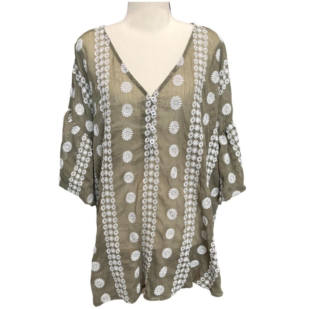 Sz XL Bohemian Sage Green Beachy Embroidered Blouse, Bell, Balloon sleeves
